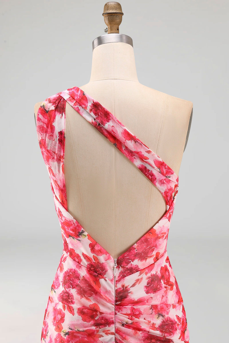 Laden Sie das Bild in den Galerie-Viewer, Pinkes Meerjungfrauen-Chiffon-Blumen-Maxikleid mit einer Schulter