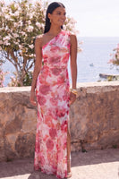 Laden Sie das Bild in den Galerie-Viewer, Pinkes Meerjungfrauen-Chiffon-Blumen-Maxikleid mit einer Schulter