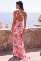 Laden Sie das Bild in den Galerie-Viewer, Pinkes Meerjungfrauen-Chiffon-Blumen-Maxikleid mit einer Schulter
