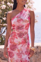 Laden Sie das Bild in den Galerie-Viewer, Pinkes Meerjungfrauen-Chiffon-Blumen-Maxikleid mit einer Schulter