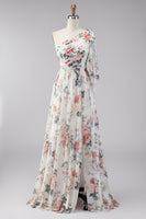 Laden Sie das Bild in den Galerie-Viewer, Elfenbein A-Linie Chiffon Blumen Maxi-Kleid mit Schlitz
