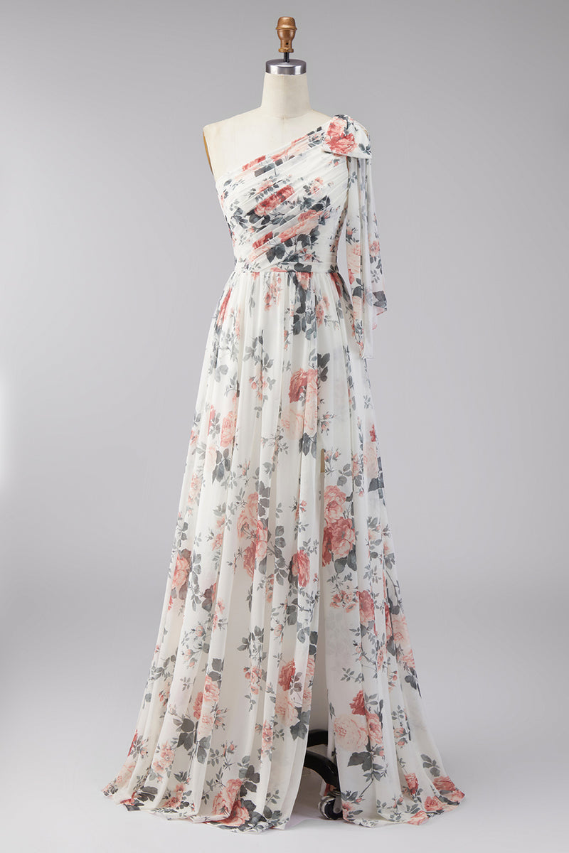 Laden Sie das Bild in den Galerie-Viewer, Elfenbein A-Linie Chiffon Blumen Maxi-Kleid mit Schlitz