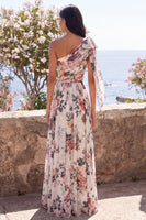 Laden Sie das Bild in den Galerie-Viewer, Elfenbeinfarbenes A-Linien-Chiffon-Chiffon-Dress, geplündertes Maxi-Kleid mit Schlitz