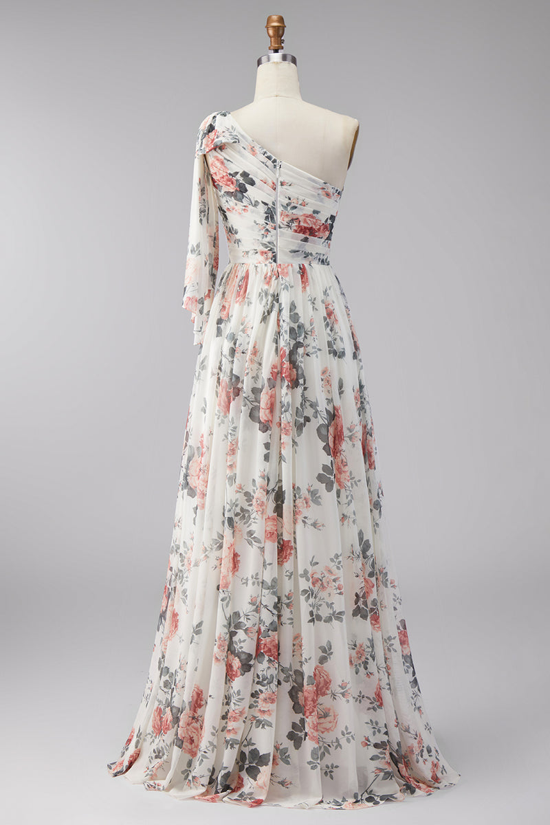Laden Sie das Bild in den Galerie-Viewer, Elfenbein A-Linie Chiffon Blumen Maxi-Kleid mit Schlitz