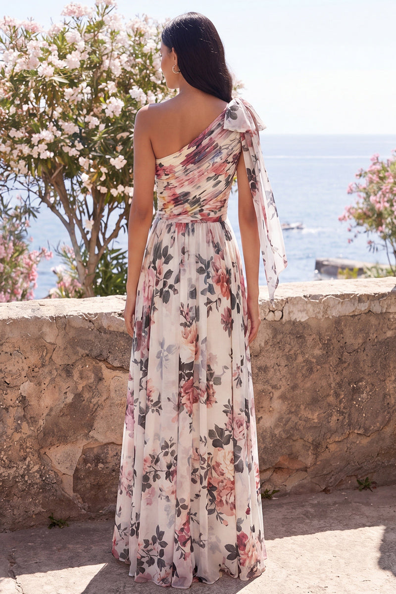 Laden Sie das Bild in den Galerie-Viewer, Elfenbeinfarbenes A-Linien-Chiffon-Chiffon-Dress, geplündertes Maxi-Kleid mit Schlitz