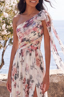 Laden Sie das Bild in den Galerie-Viewer, Elfenbeinfarbenes A-Linien-Chiffon-Chiffon-Dress, geplündertes Maxi-Kleid mit Schlitz