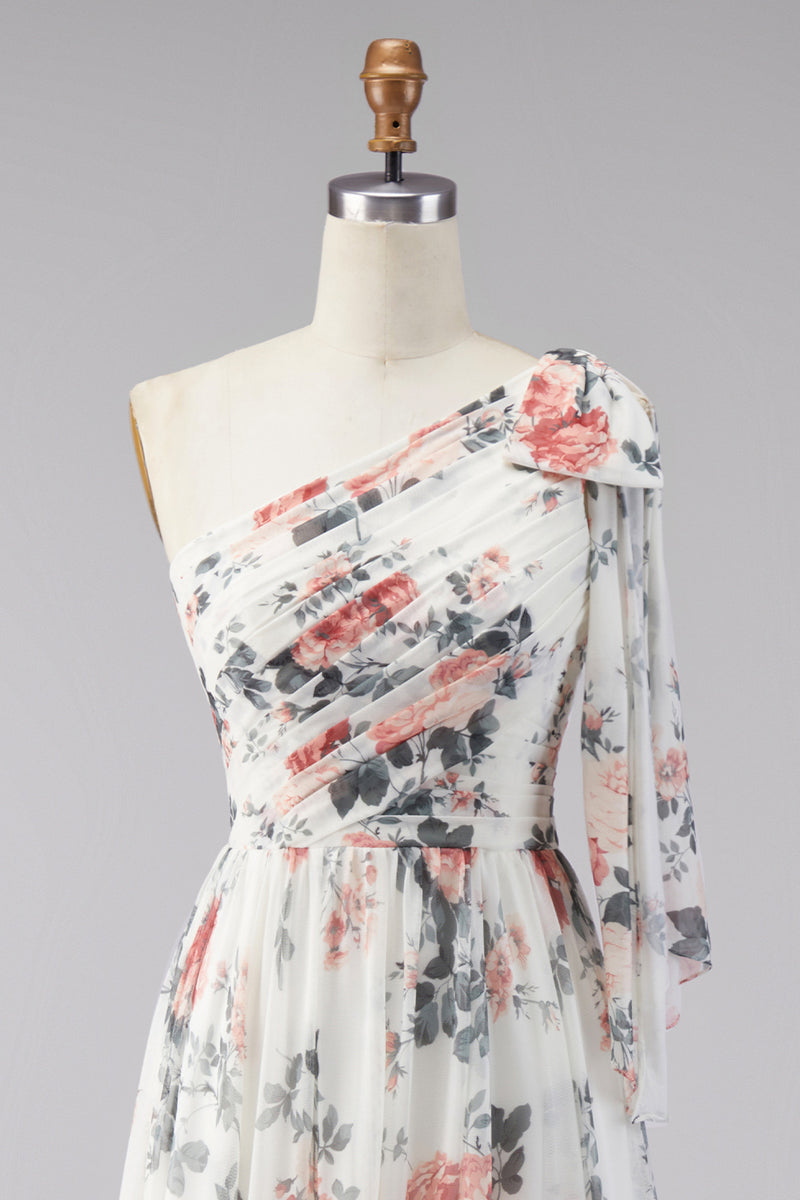 Laden Sie das Bild in den Galerie-Viewer, Elfenbein A-Linie Chiffon Blumen Maxi-Kleid mit Schlitz