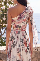 Laden Sie das Bild in den Galerie-Viewer, Elfenbeinfarbenes A-Linien-Chiffon-Chiffon-Dress, geplündertes Maxi-Kleid mit Schlitz