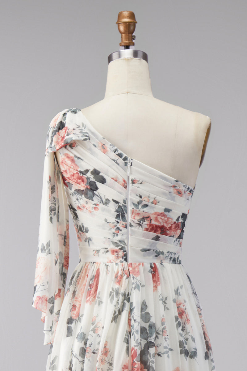 Laden Sie das Bild in den Galerie-Viewer, Elfenbein A-Linie Chiffon Blumen Maxi-Kleid mit Schlitz