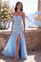 Laden Sie das Bild in den Galerie-Viewer, Chiffon Blue A-Line Sweetheart Floral Maxi-Kleid mit Schlitz