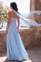Laden Sie das Bild in den Galerie-Viewer, Chiffon Blue A-Line Sweetheart Floral Maxi-Kleid mit Schlitz