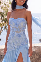 Laden Sie das Bild in den Galerie-Viewer, Chiffon Blue A-Line Sweetheart Floral Maxi-Kleid mit Schlitz