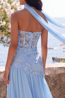 Laden Sie das Bild in den Galerie-Viewer, Chiffon Blue A-Line Sweetheart Floral Maxi-Kleid mit Schlitz