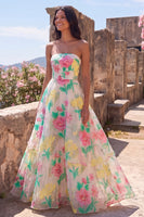 Laden Sie das Bild in den Galerie-Viewer, Narzissen Pink Flower A-Linie trägerloses Maxikleid