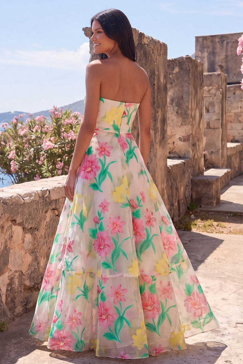 Laden Sie das Bild in den Galerie-Viewer, Narzissen Pink Flower A-Linie trägerloses Maxikleid