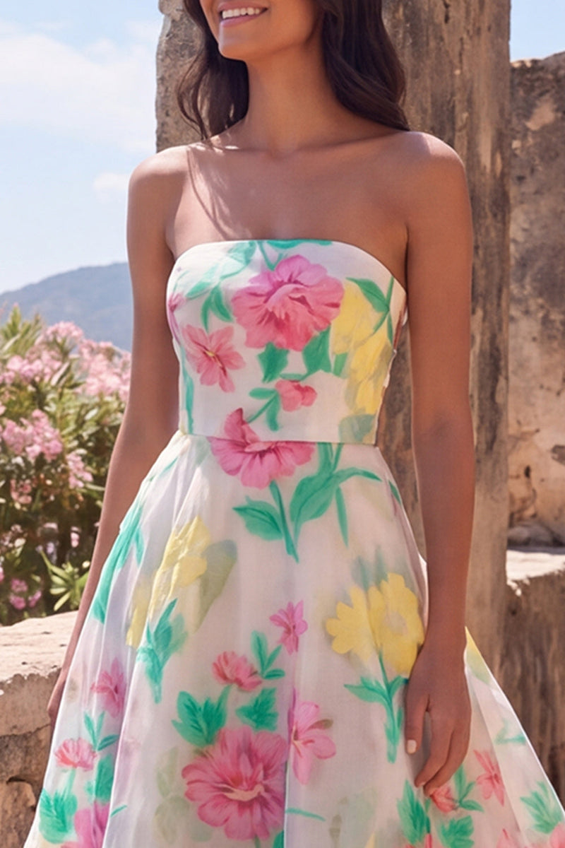 Laden Sie das Bild in den Galerie-Viewer, Narzissen Pink Flower A-Linie trägerloses Maxikleid