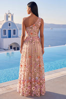 Laden Sie das Bild in den Galerie-Viewer, Einschulter-Champagner-A-Linie besticktes Maxi-Blumenkleid mit Schlitz