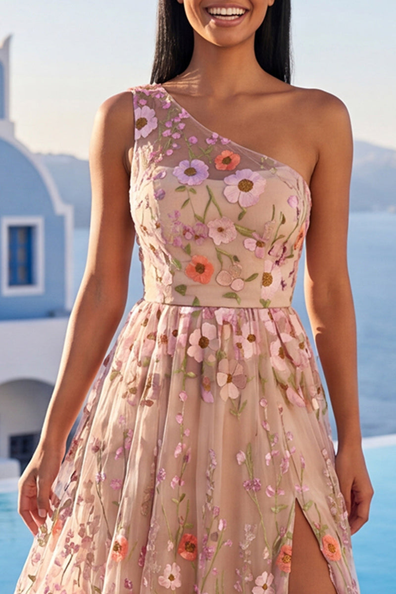Laden Sie das Bild in den Galerie-Viewer, Einschulter-Champagner-A-Linie besticktes Maxi-Blumenkleid mit Schlitz