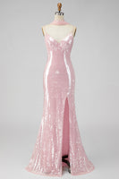 Laden Sie das Bild in den Galerie-Viewer, Gelbes Meerjungfrauen Pailletten Spaghettiträger Maxikleid mit Schlitz
