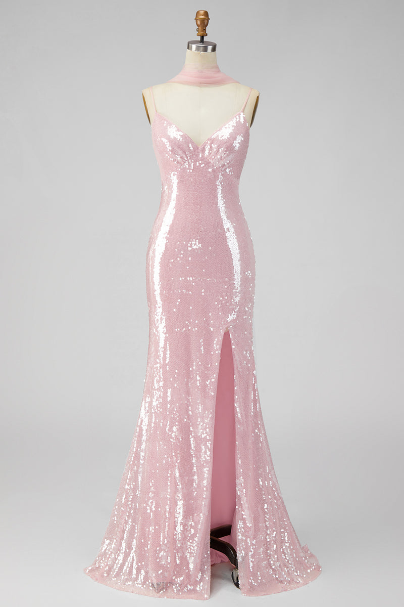 Laden Sie das Bild in den Galerie-Viewer, Gelbes Meerjungfrauen Pailletten Spaghettiträger Maxikleid mit Schlitz