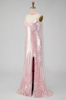 Laden Sie das Bild in den Galerie-Viewer, Gelbes Meerjungfrauen Pailletten Spaghettiträger Maxikleid mit Schlitz