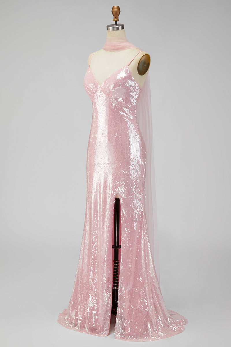 Laden Sie das Bild in den Galerie-Viewer, Gelbes Meerjungfrauen Pailletten Spaghettiträger Maxikleid mit Schlitz