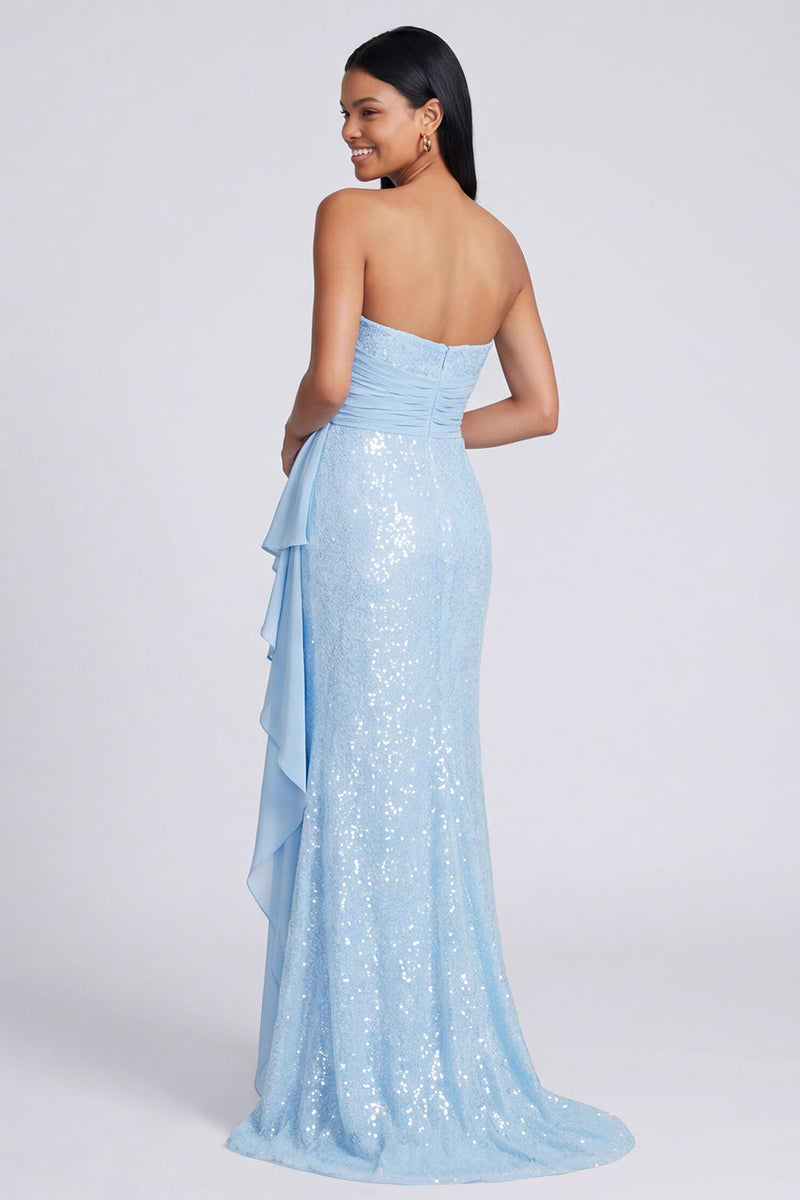 Laden Sie das Bild in den Galerie-Viewer, Trägerloses, hellrosa Pailletten-gerafftes Meerjungfrauen-Festkleid