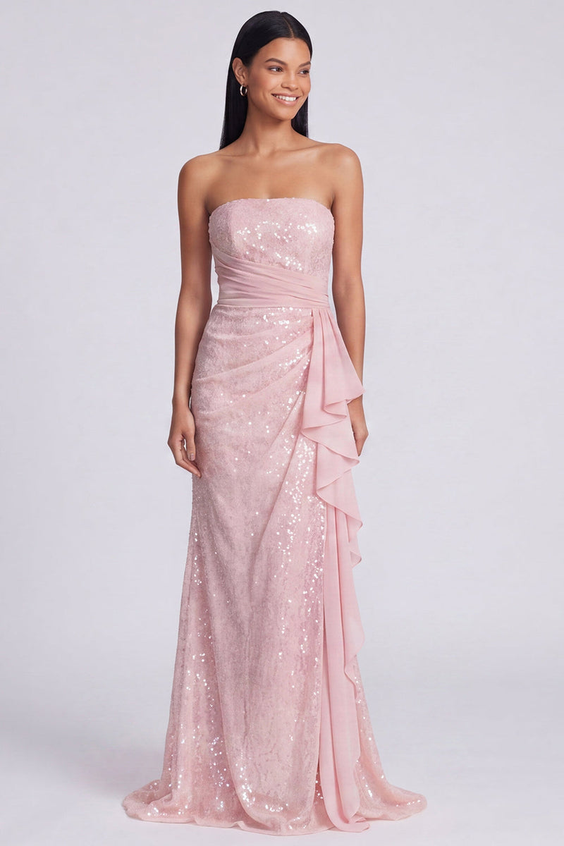 Laden Sie das Bild in den Galerie-Viewer, Trägerloses, hellrosa Pailletten-gerafftes Meerjungfrauen-Festkleid