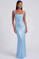 Laden Sie das Bild in den Galerie-Viewer, Quadratisches Pailletten-Hellblaues Meerjungfrauen-Festkleid