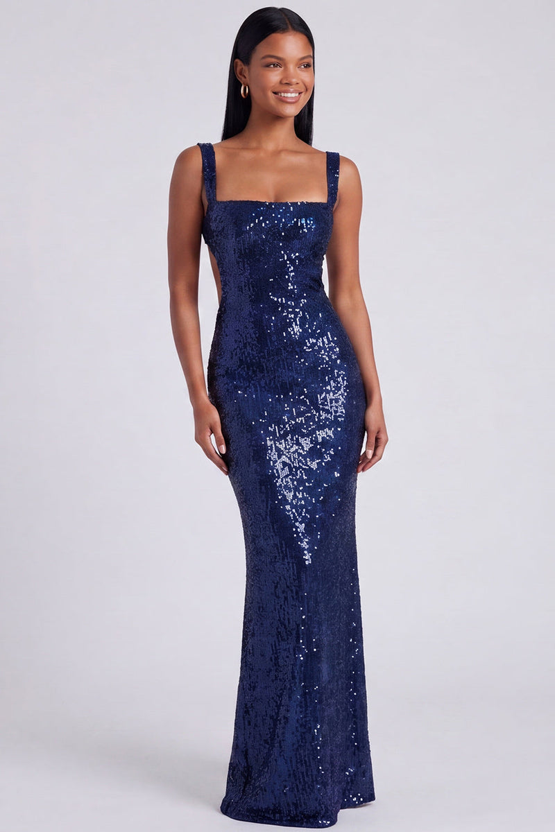 Laden Sie das Bild in den Galerie-Viewer, Quadratisches Pailletten-Hellblaues Meerjungfrauen-Festkleid