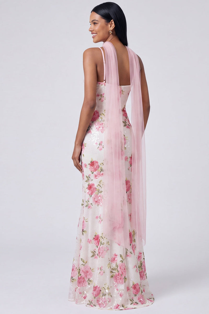 Laden Sie das Bild in den Galerie-Viewer, Weißes rosa Meerjungfrauen-Maxi-Kleid mit Pailletten