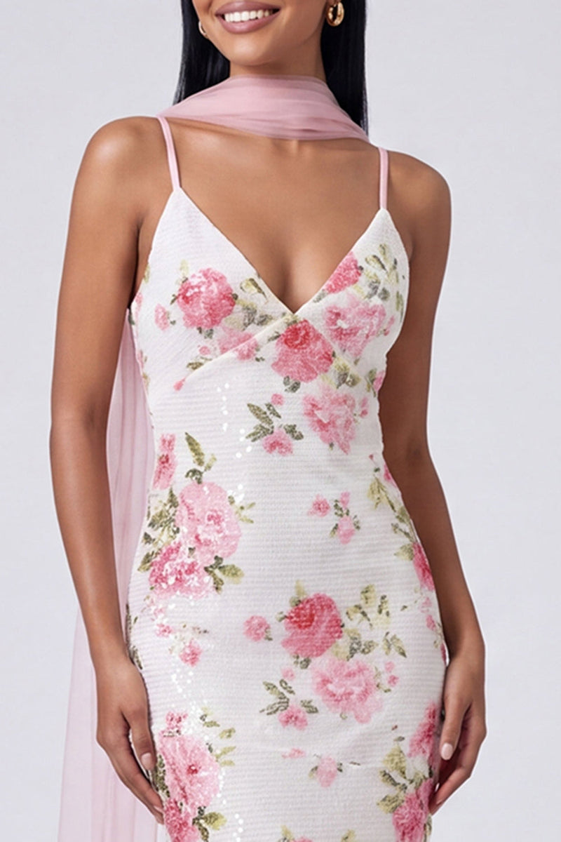 Laden Sie das Bild in den Galerie-Viewer, Weißes rosa Meerjungfrauen-Maxi-Kleid mit Pailletten