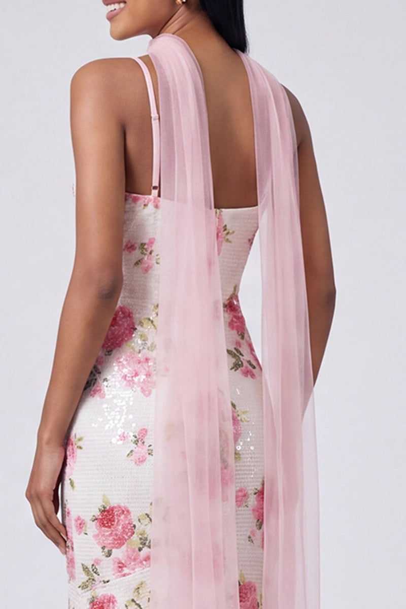 Laden Sie das Bild in den Galerie-Viewer, Weißes rosa Meerjungfrauen-Maxi-Kleid mit Pailletten
