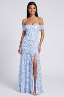 Laden Sie das Bild in den Galerie-Viewer, Off the shoulder A-Linie rosa geblümtes Maxikleid mit Schlitz