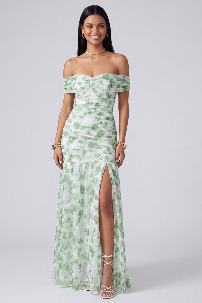 Laden Sie das Bild in den Galerie-Viewer, Off the shoulder A-Linie rosa geblümtes Maxikleid mit Schlitz