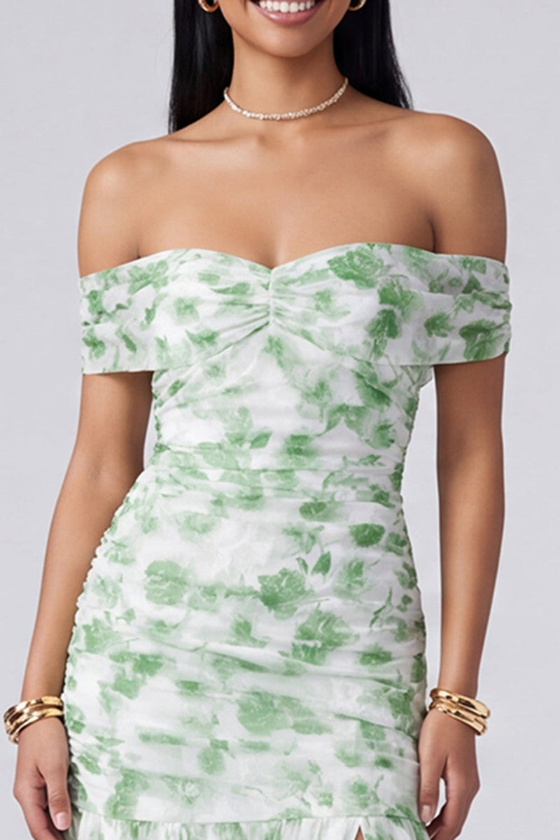 Laden Sie das Bild in den Galerie-Viewer, Off the shoulder A-Linie rosa geblümtes Maxikleid mit Schlitz