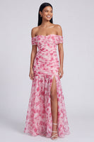 Laden Sie das Bild in den Galerie-Viewer, Off the shoulder A-Linie rosa geblümtes Maxikleid mit Schlitz