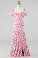 Laden Sie das Bild in den Galerie-Viewer, Off the shoulder A-Linie Rosa Geblümtes Maxikleid mit Schlitz
