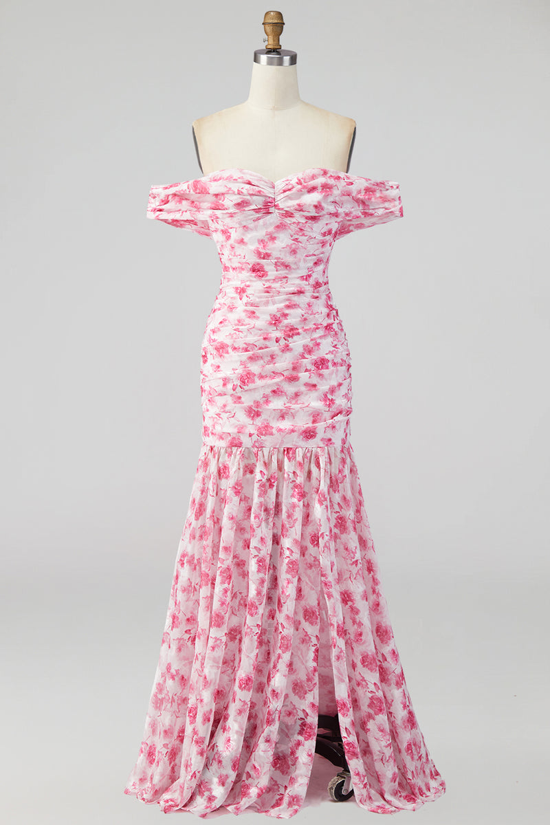 Laden Sie das Bild in den Galerie-Viewer, Off the shoulder A-Linie Rosa Geblümtes Maxikleid mit Schlitz