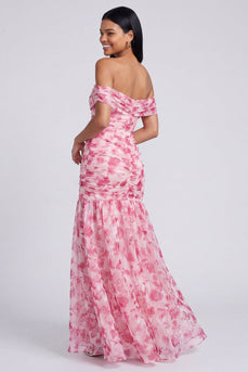 Off the shoulder A-Linie Rosa Geblümtes Maxikleid mit Schlitz