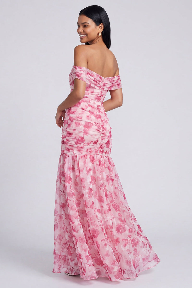 Laden Sie das Bild in den Galerie-Viewer, Off the shoulder A-Linie rosa geblümtes Maxikleid mit Schlitz
