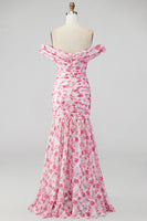 Laden Sie das Bild in den Galerie-Viewer, Off the shoulder A-Linie Rosa Geblümtes Maxikleid mit Schlitz