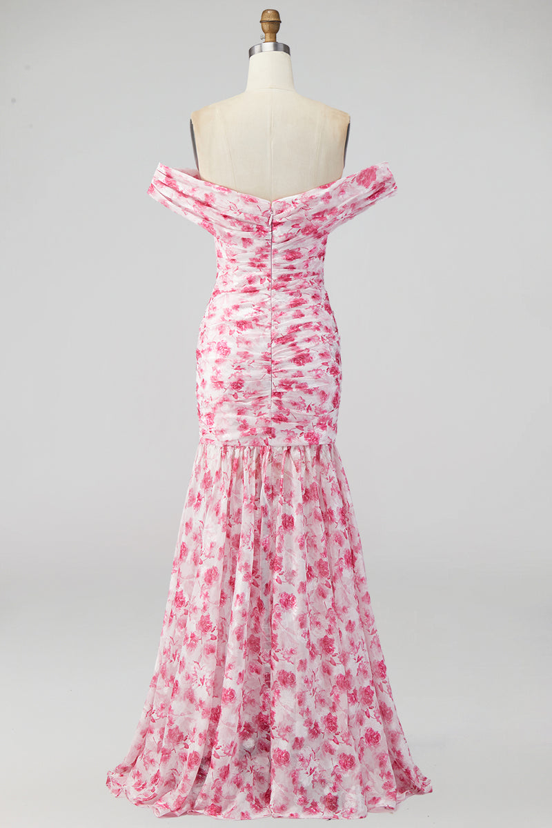 Laden Sie das Bild in den Galerie-Viewer, Off the shoulder A-Linie Rosa Geblümtes Maxikleid mit Schlitz