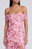 Laden Sie das Bild in den Galerie-Viewer, Off the shoulder A-Linie rosa geblümtes Maxikleid mit Schlitz