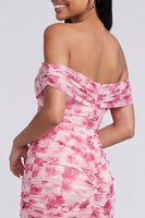 Laden Sie das Bild in den Galerie-Viewer, Off the shoulder A-Linie rosa geblümtes Maxikleid mit Schlitz
