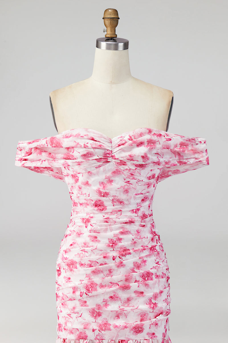 Laden Sie das Bild in den Galerie-Viewer, Off the shoulder A-Linie Rosa Geblümtes Maxikleid mit Schlitz