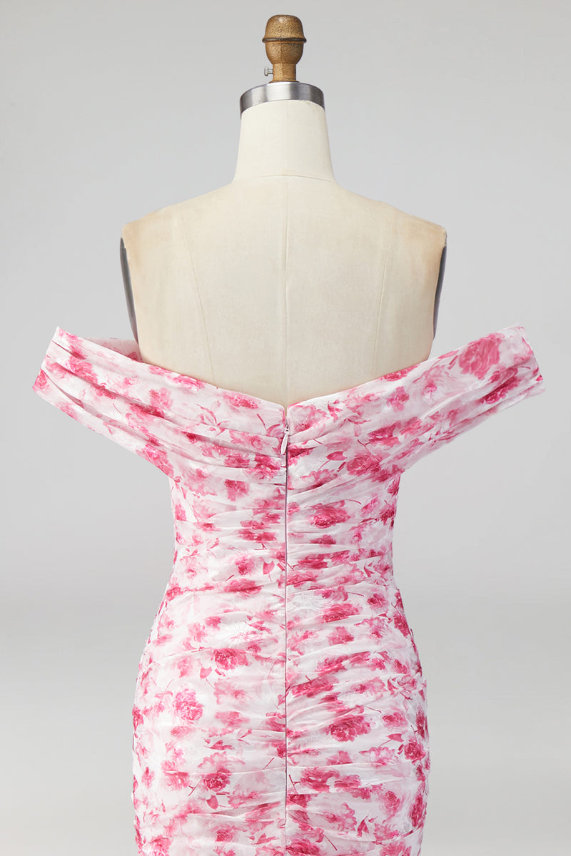 Laden Sie das Bild in den Galerie-Viewer, Off the shoulder A-Linie Rosa Geblümtes Maxikleid mit Schlitz
