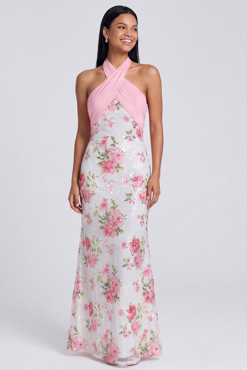 Laden Sie das Bild in den Galerie-Viewer, Hellrosa Neckholder-Meerjungfrauen-Maxi-Blumenkleid