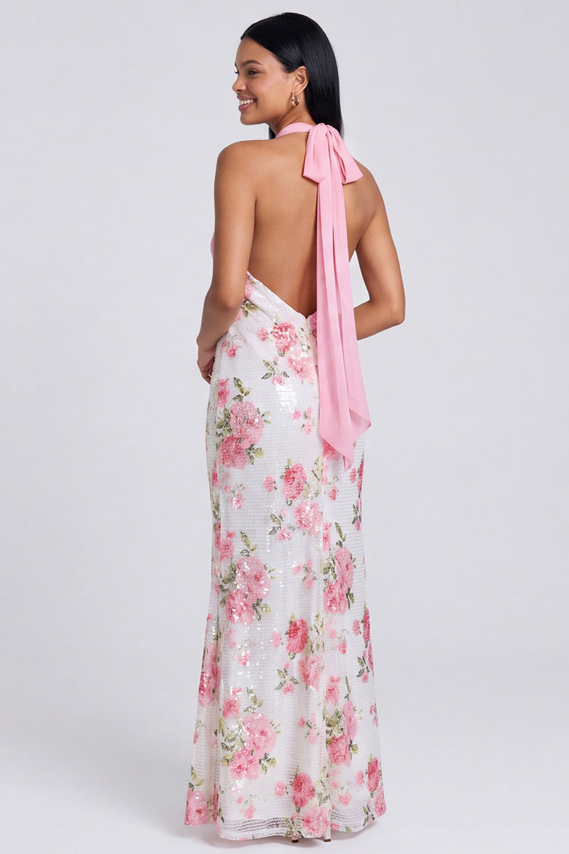 Laden Sie das Bild in den Galerie-Viewer, Hellrosa Neckholder-Meerjungfrauen-Maxi-Blumenkleid