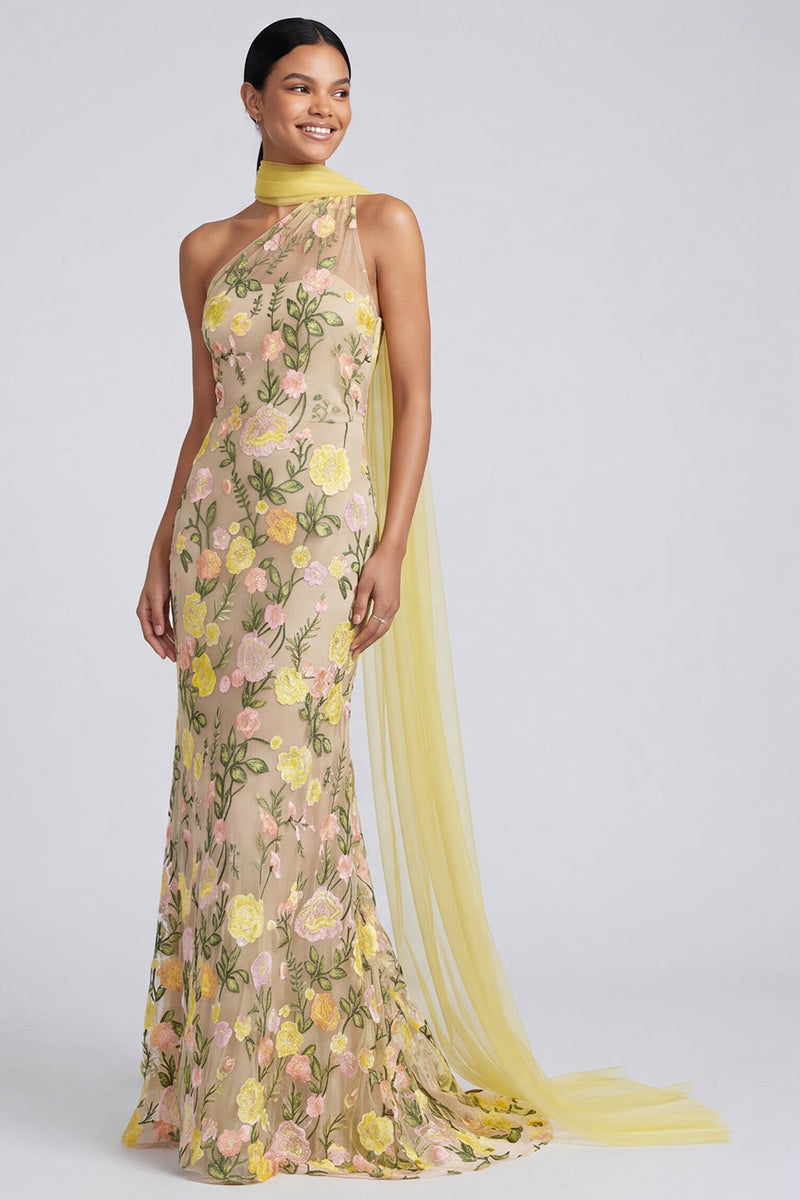 Laden Sie das Bild in den Galerie-Viewer, Maxi-Blumenkleid mit einer Schulter mit gelber Meerjungfrauenapplikation